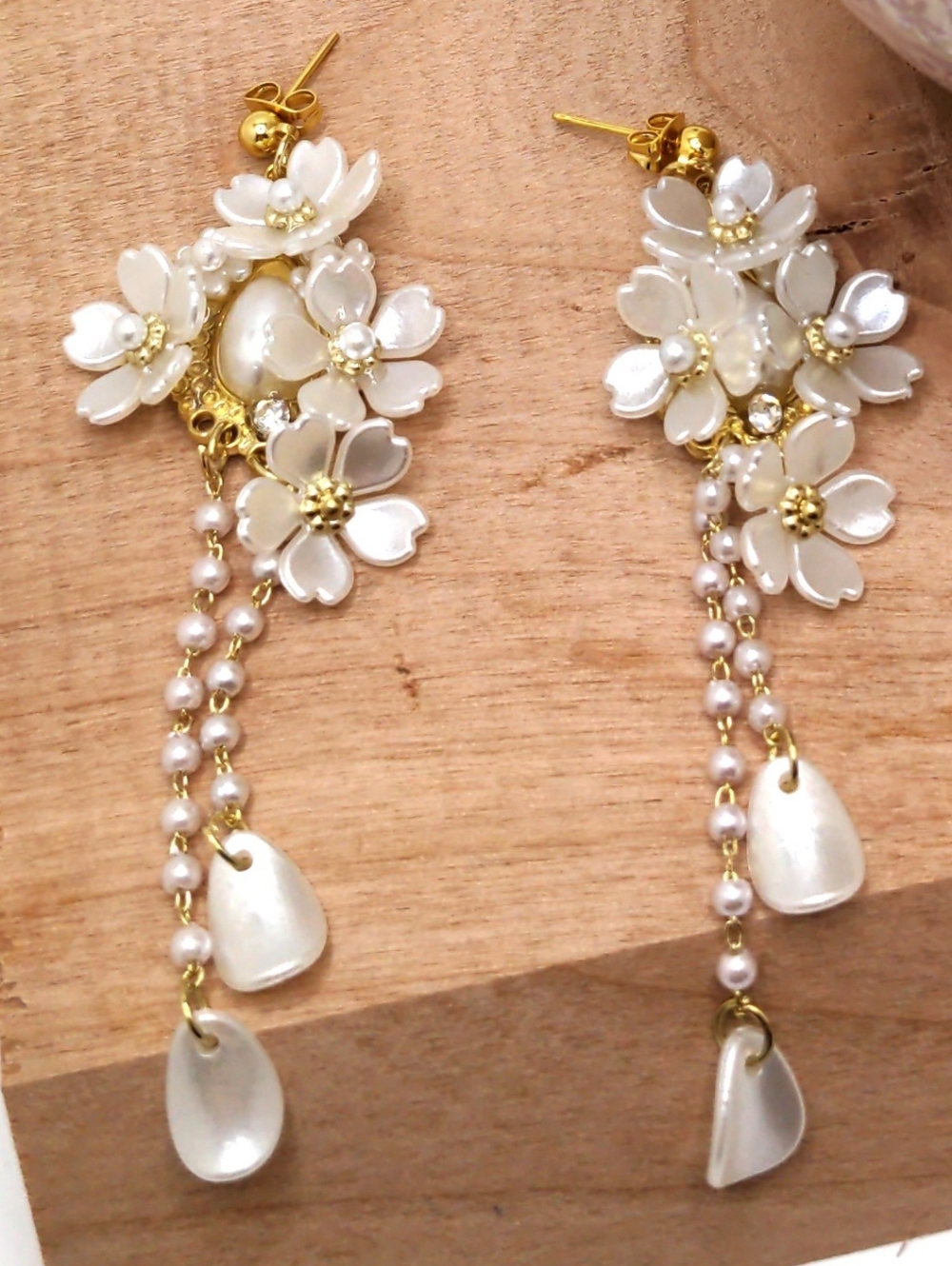White Floral Wedding Bridal Earrings with Pearl Accents